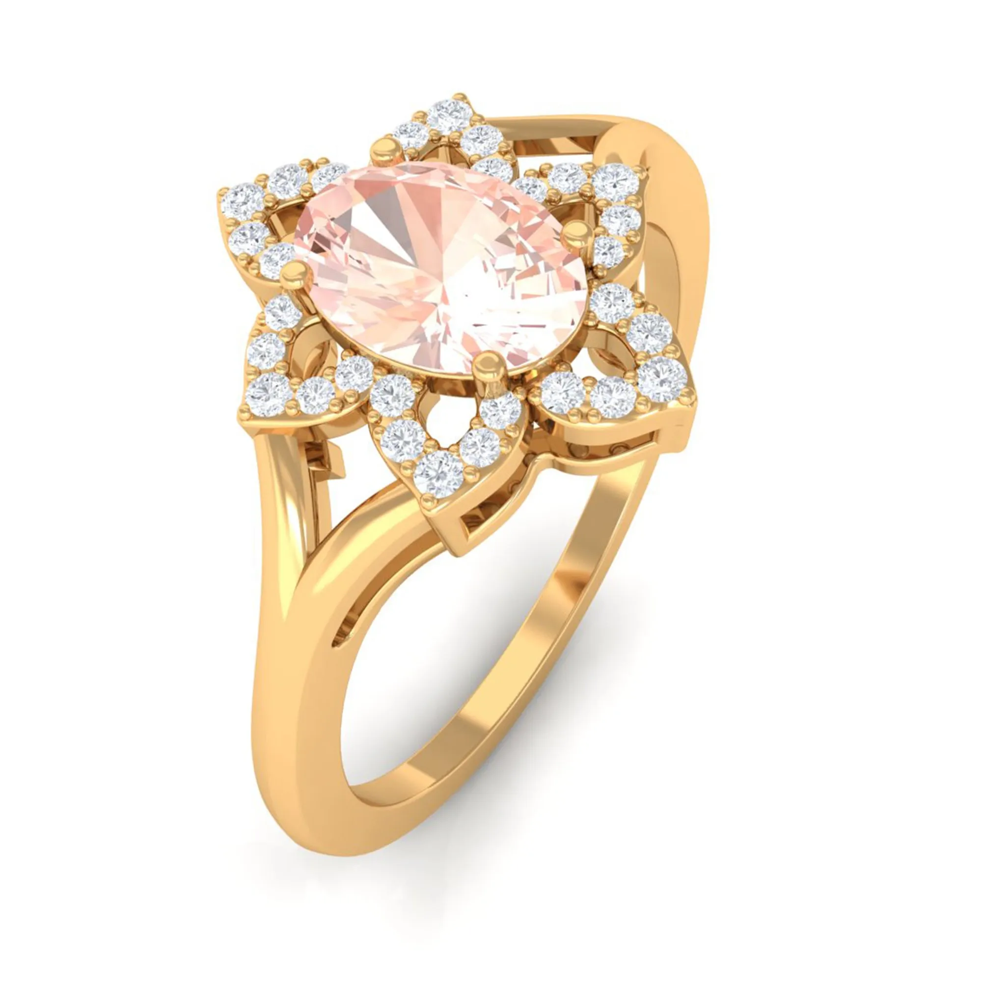 Oval Morganite and Diamond Flower Engagement Ring in Split Shank