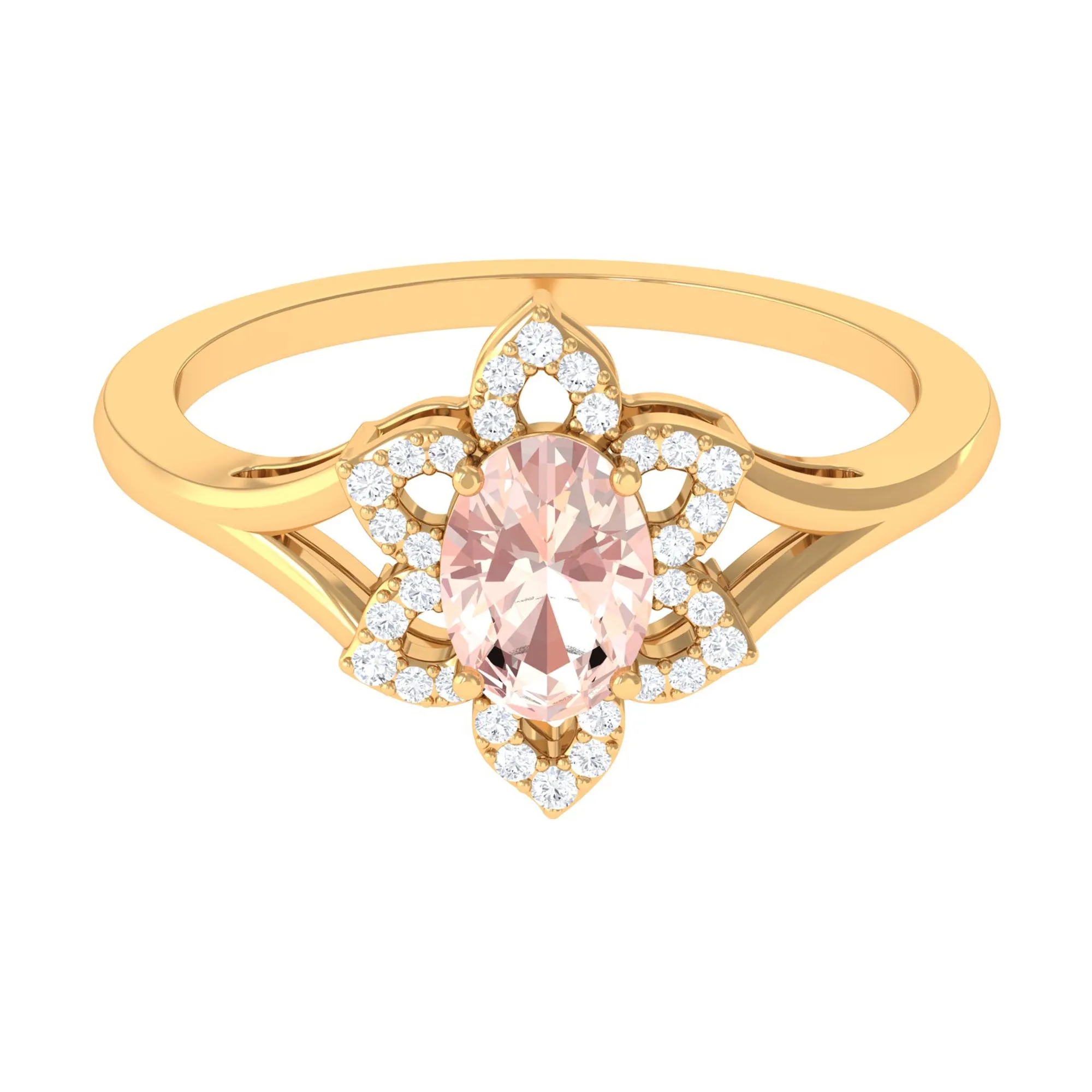 Oval Morganite and Diamond Flower Engagement Ring in Split Shank
