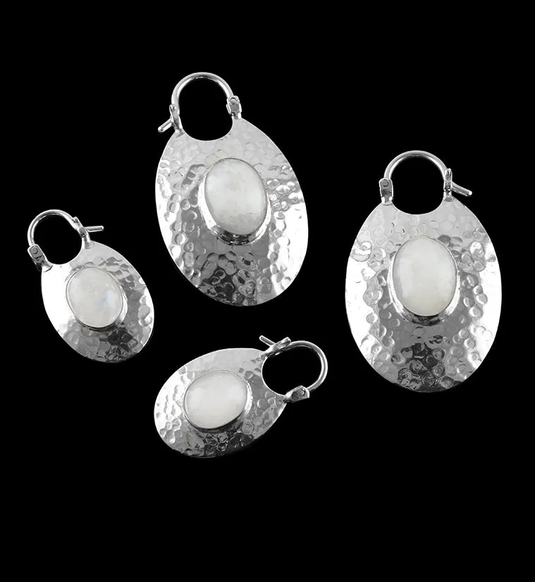 Oviform Hammered Silver Moonstone Hangers - Earrings