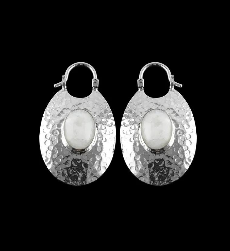 Oviform Hammered Silver Moonstone Hangers - Earrings