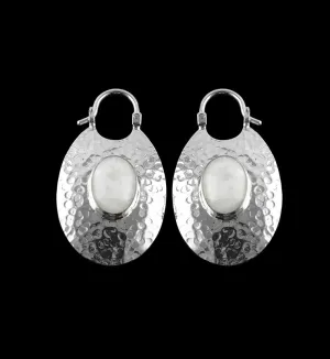 Oviform Hammered Silver Moonstone Hangers - Earrings