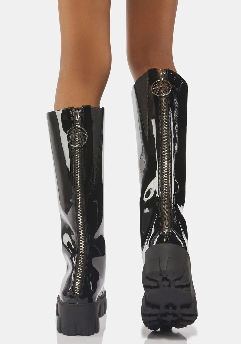 Patent Obsidian Knee High Boots