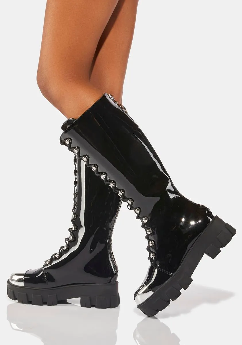 Patent Obsidian Knee High Boots