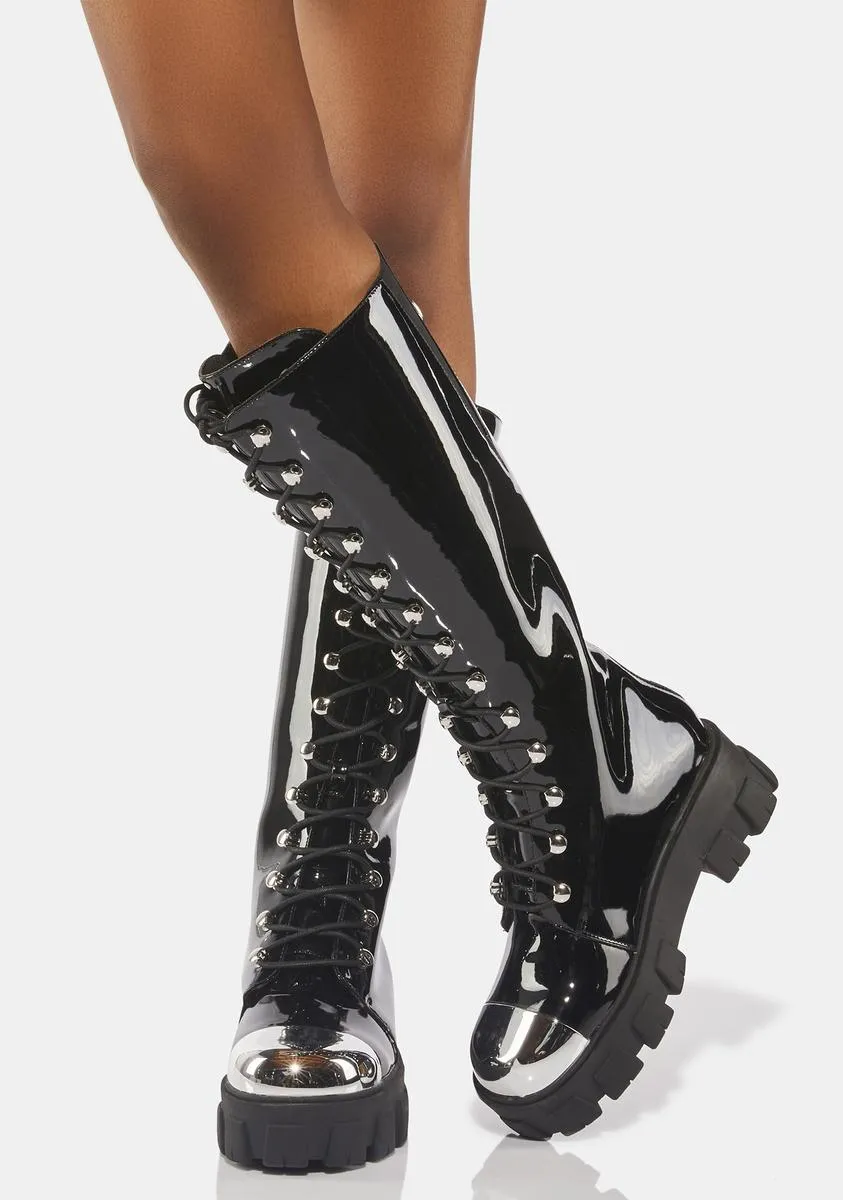 Patent Obsidian Knee High Boots