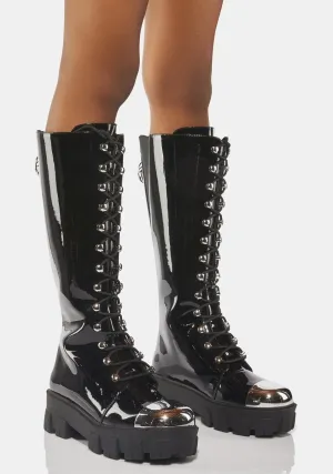 Patent Obsidian Knee High Boots