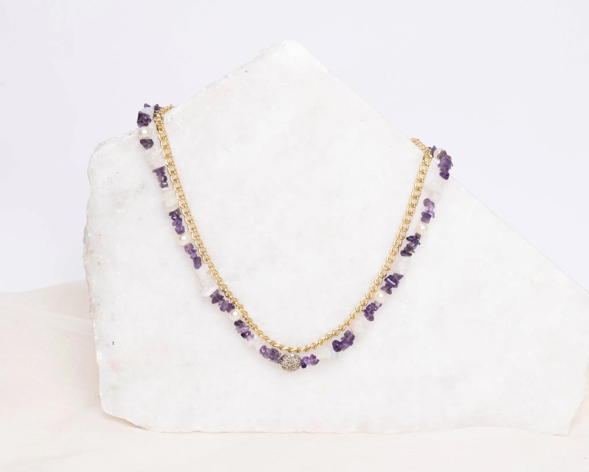 Pearly Amethyst & Moonstone Double Chain Necklace