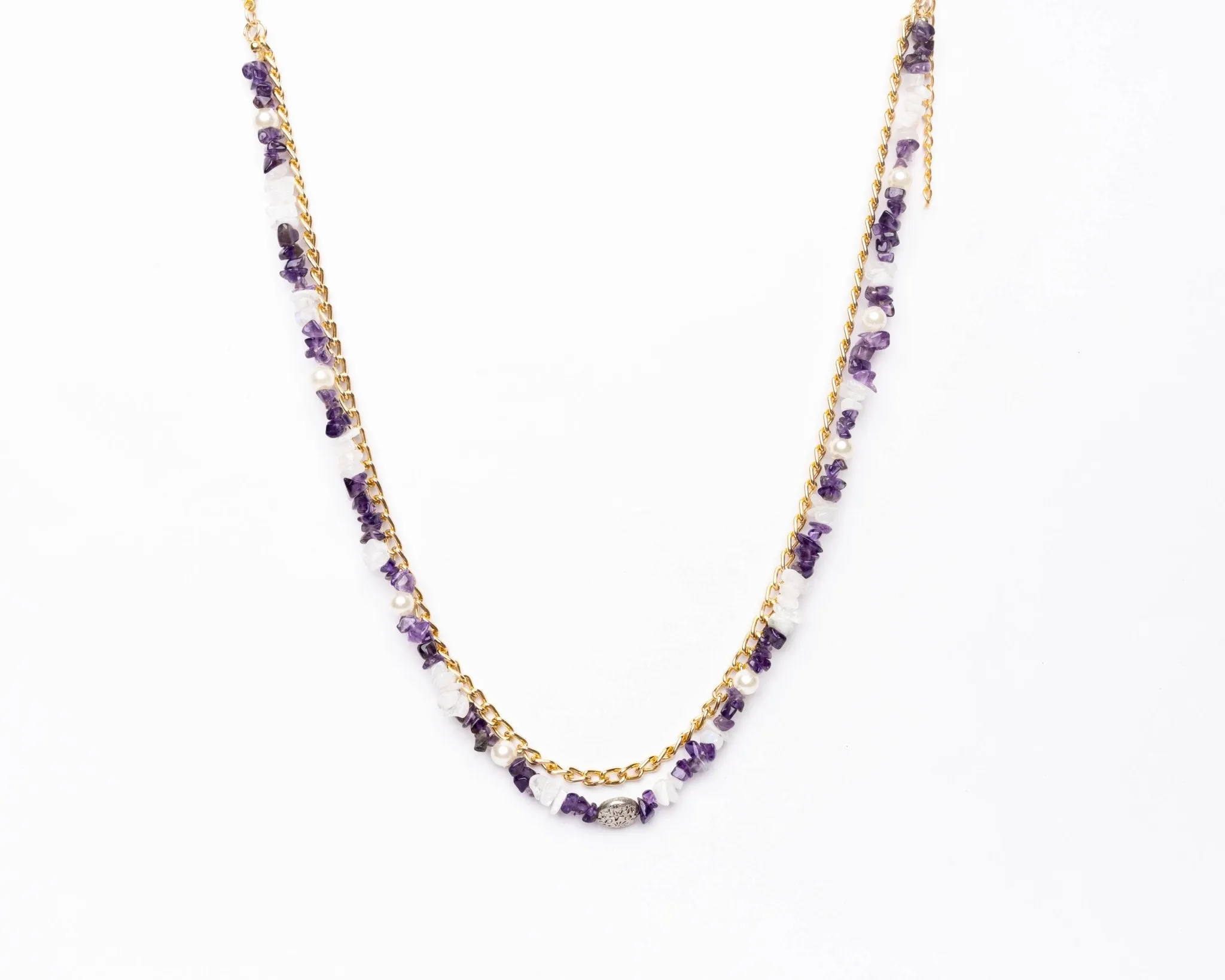 Pearly Amethyst & Moonstone Double Chain Necklace