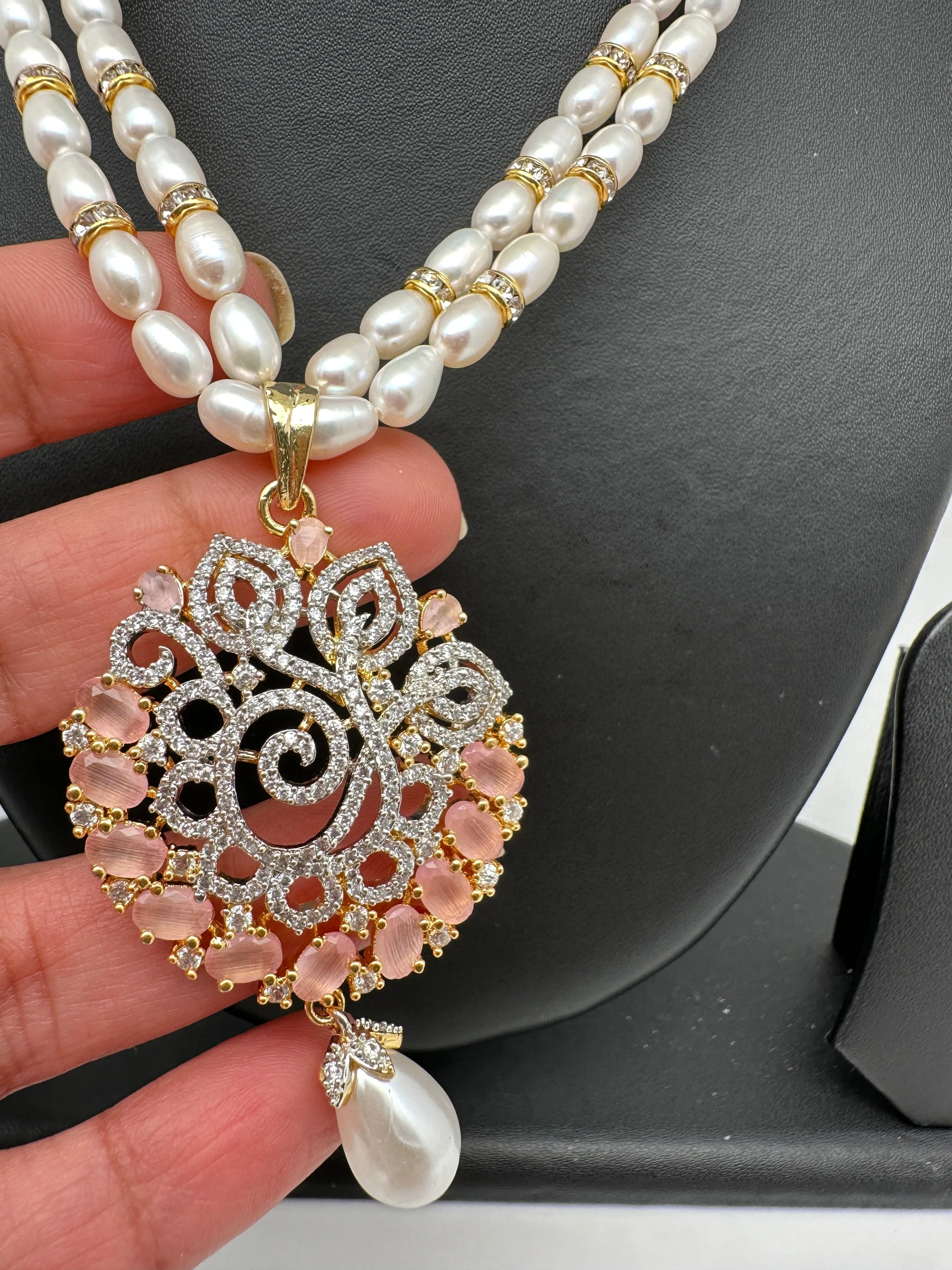 Pink Stone AD Pendent Double Line Real Freshwater Pearls Necklace