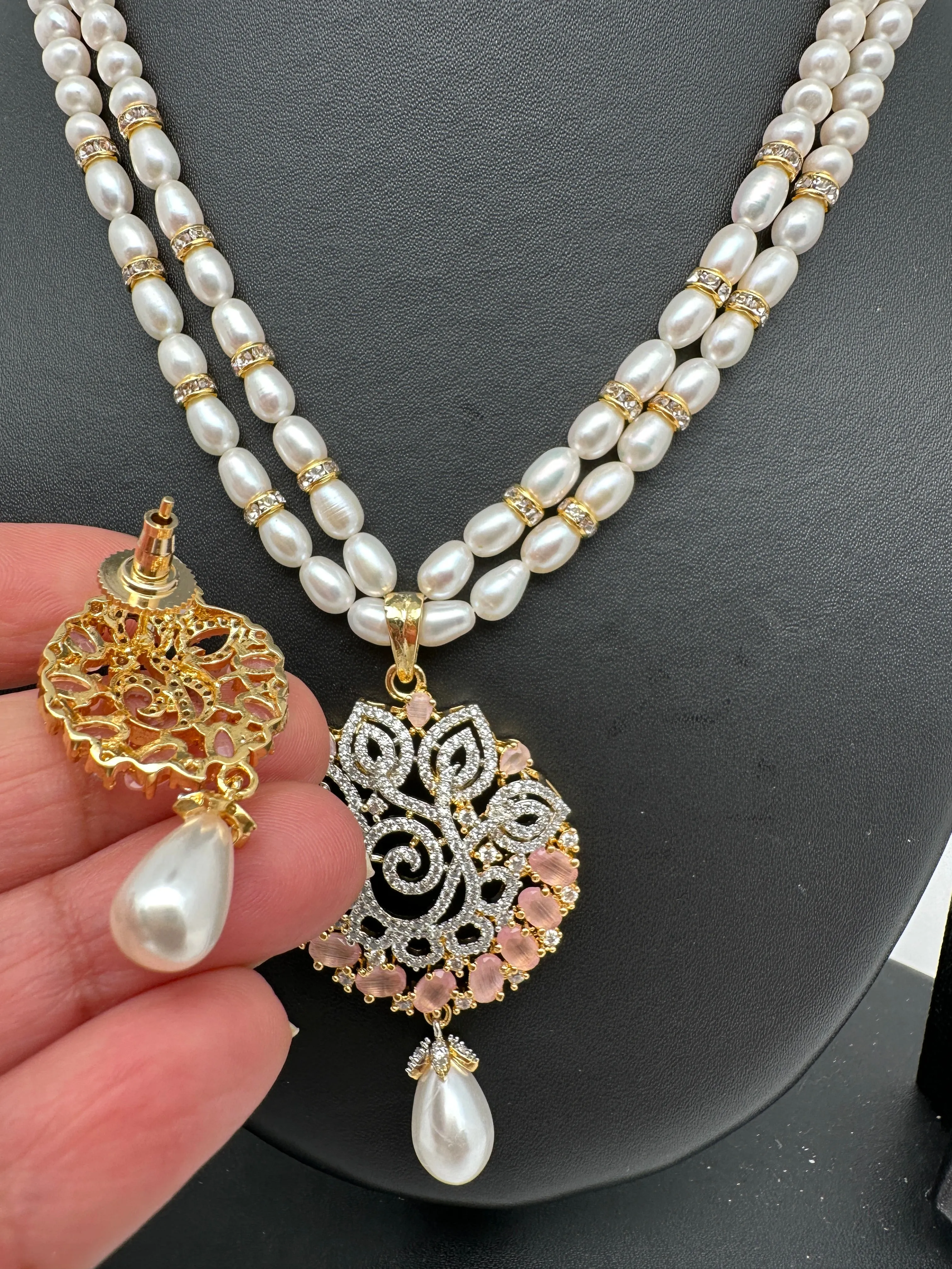 Pink Stone AD Pendent Double Line Real Freshwater Pearls Necklace