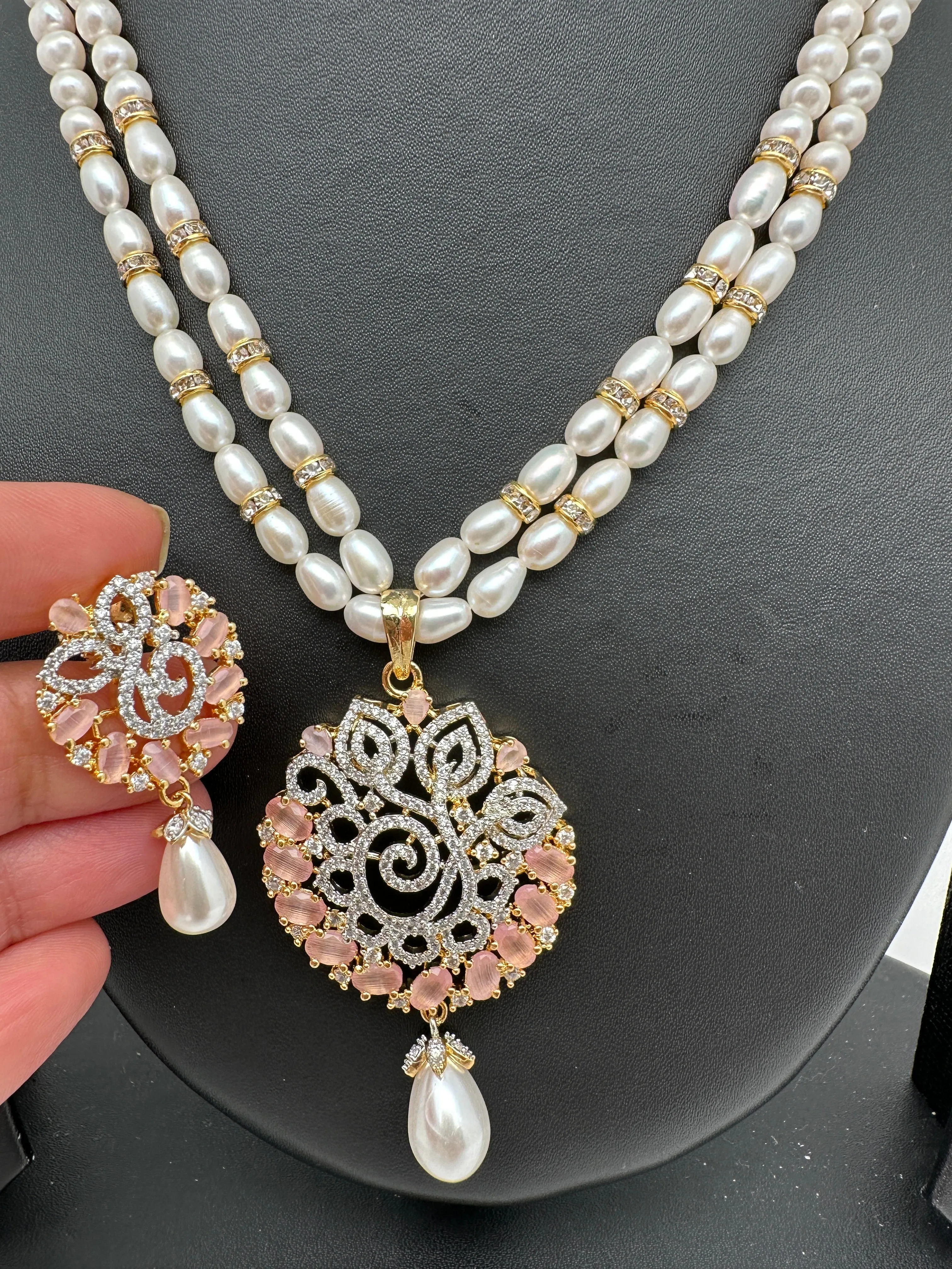 Pink Stone AD Pendent Double Line Real Freshwater Pearls Necklace