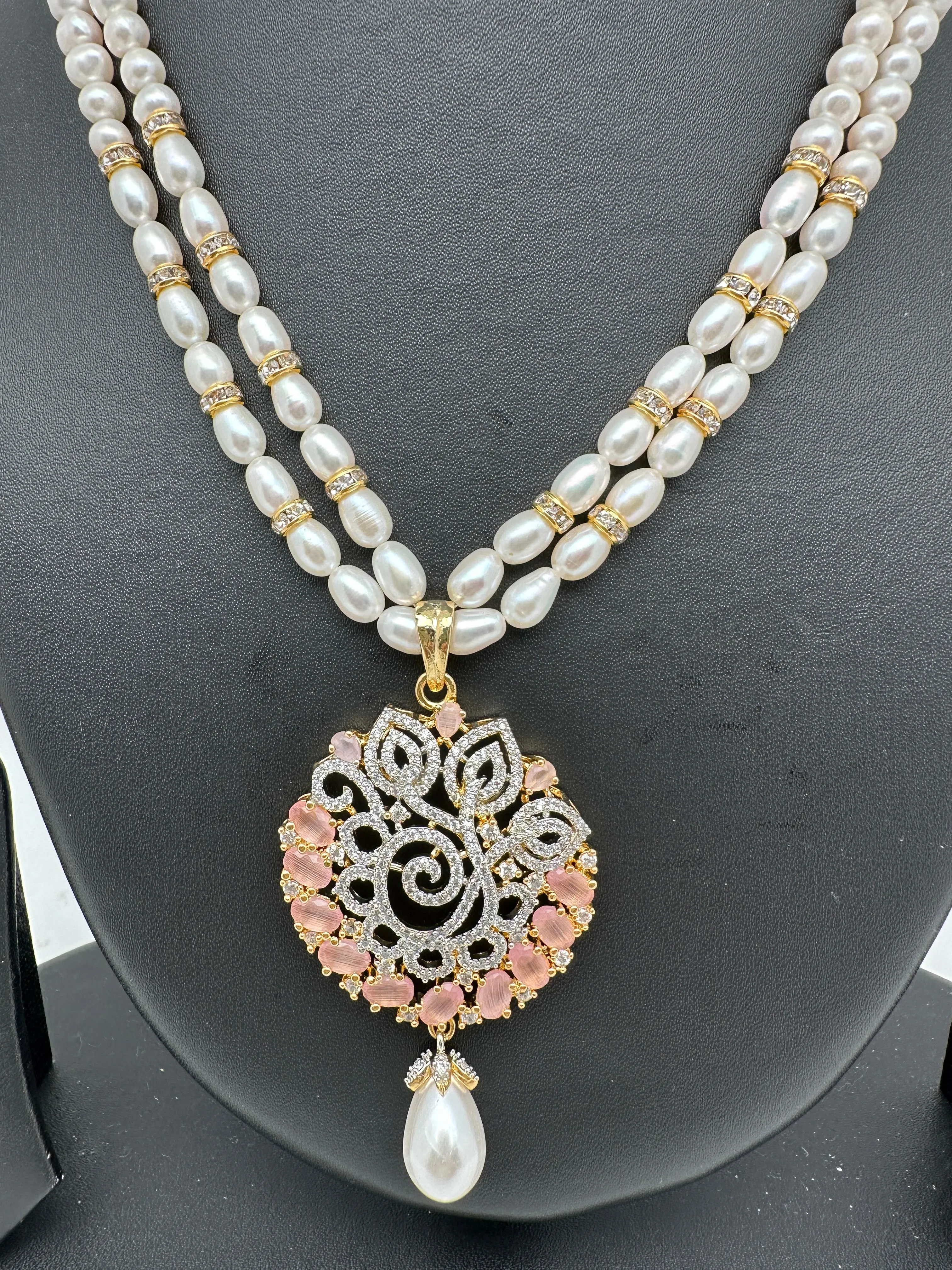 Pink Stone AD Pendent Double Line Real Freshwater Pearls Necklace