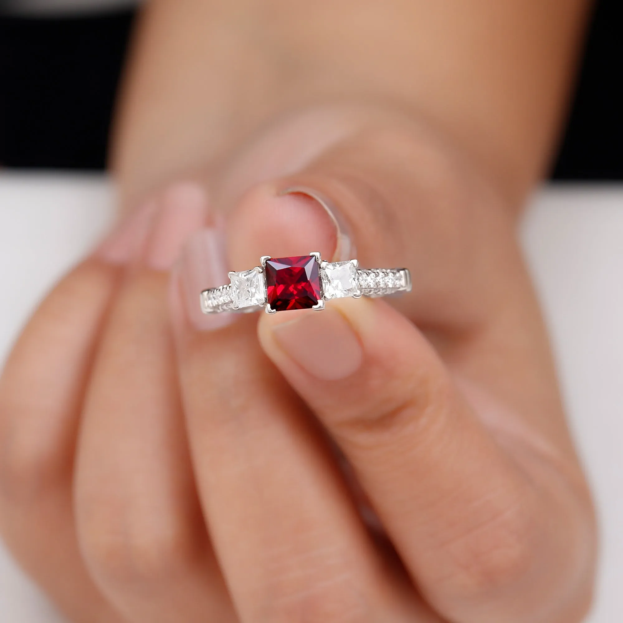 Princess Cut Created Ruby and Moissanite 3 Stone Designer Engagement Ring