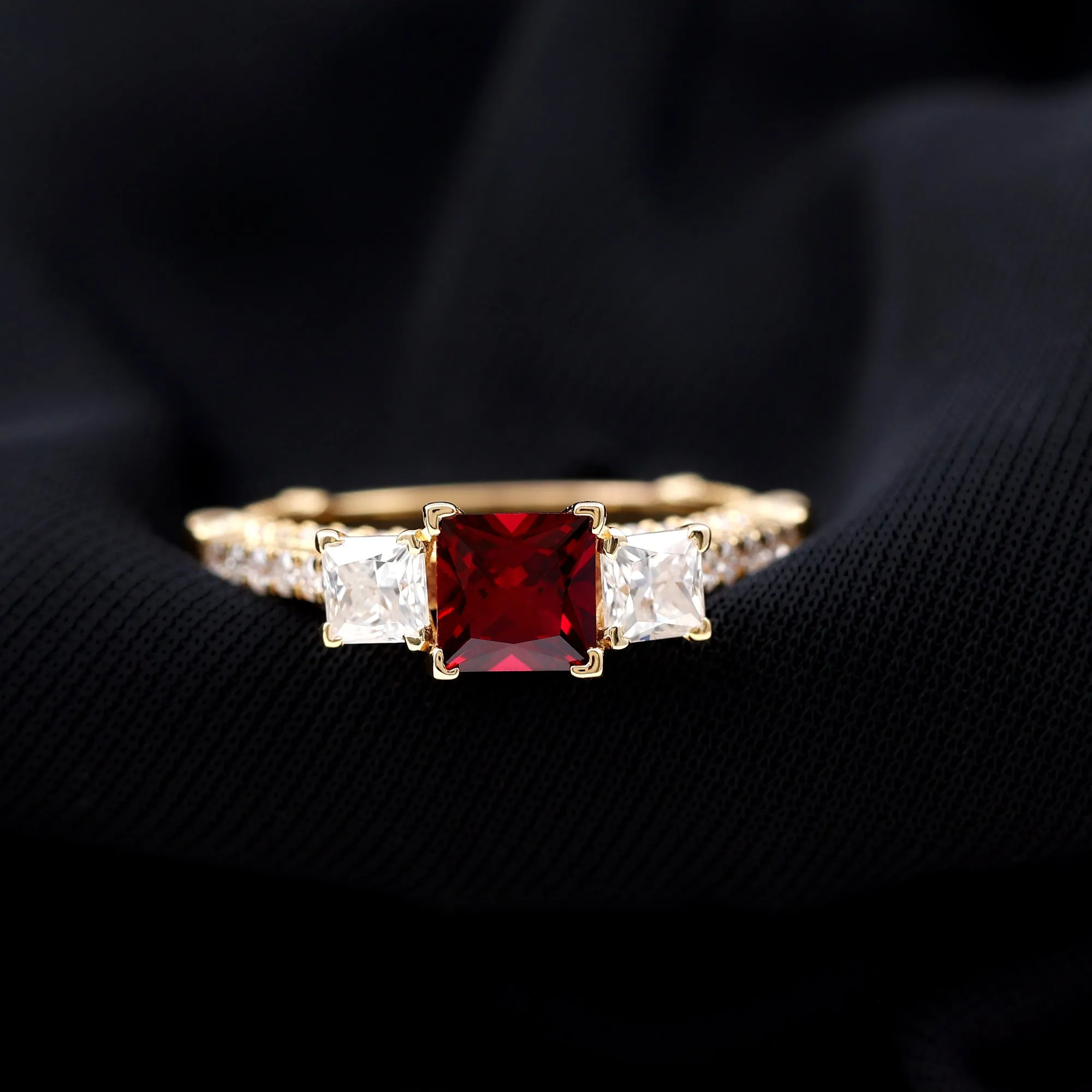 Princess Cut Created Ruby and Moissanite 3 Stone Designer Engagement Ring