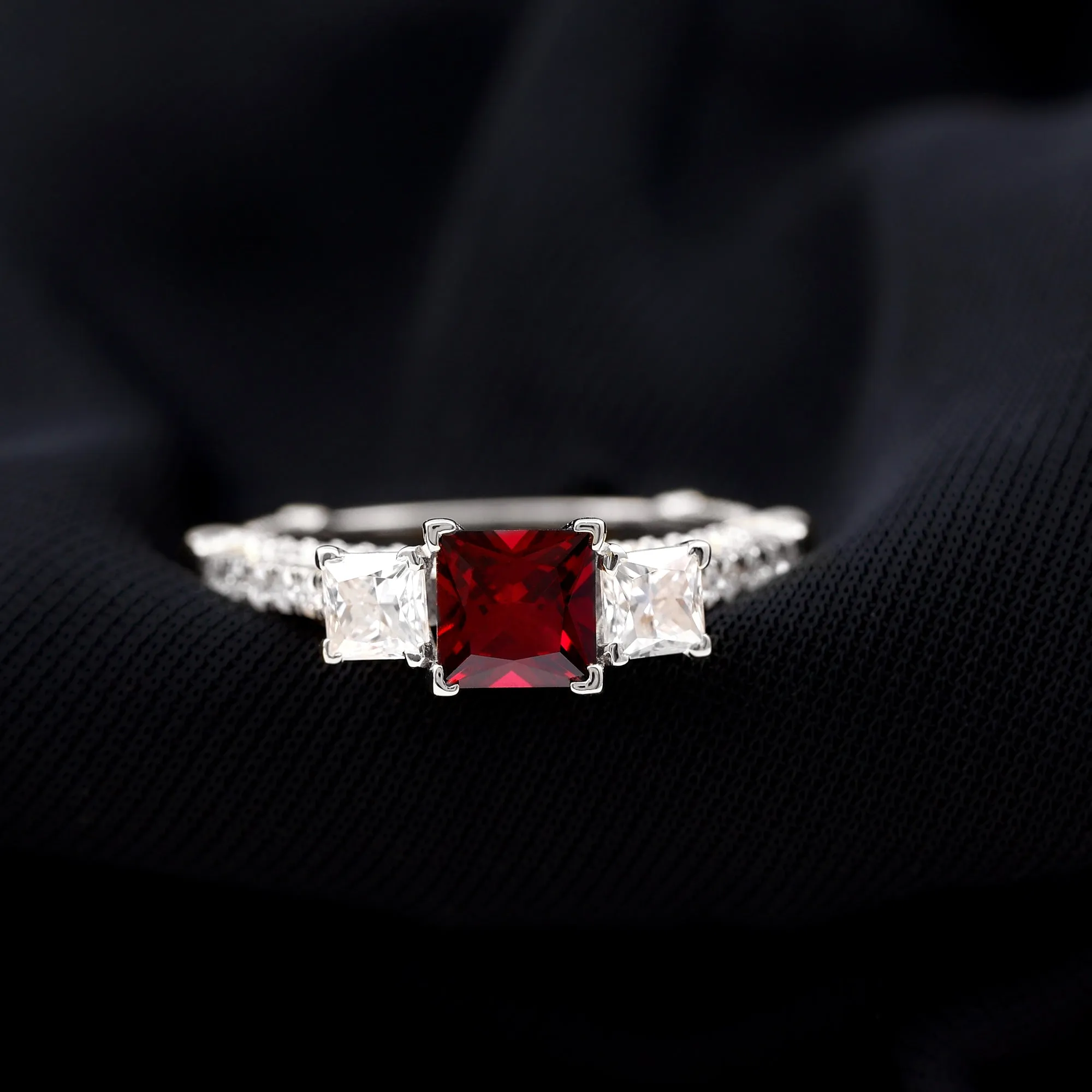 Princess Cut Created Ruby and Moissanite 3 Stone Designer Engagement Ring