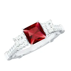 Princess Cut Created Ruby and Moissanite 3 Stone Designer Engagement Ring