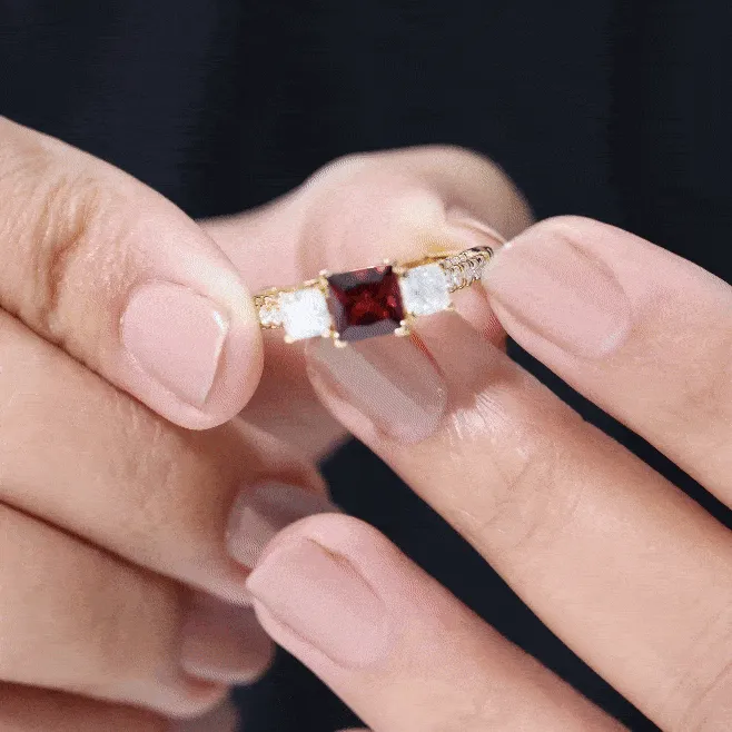 Princess Cut Created Ruby and Moissanite 3 Stone Designer Engagement Ring