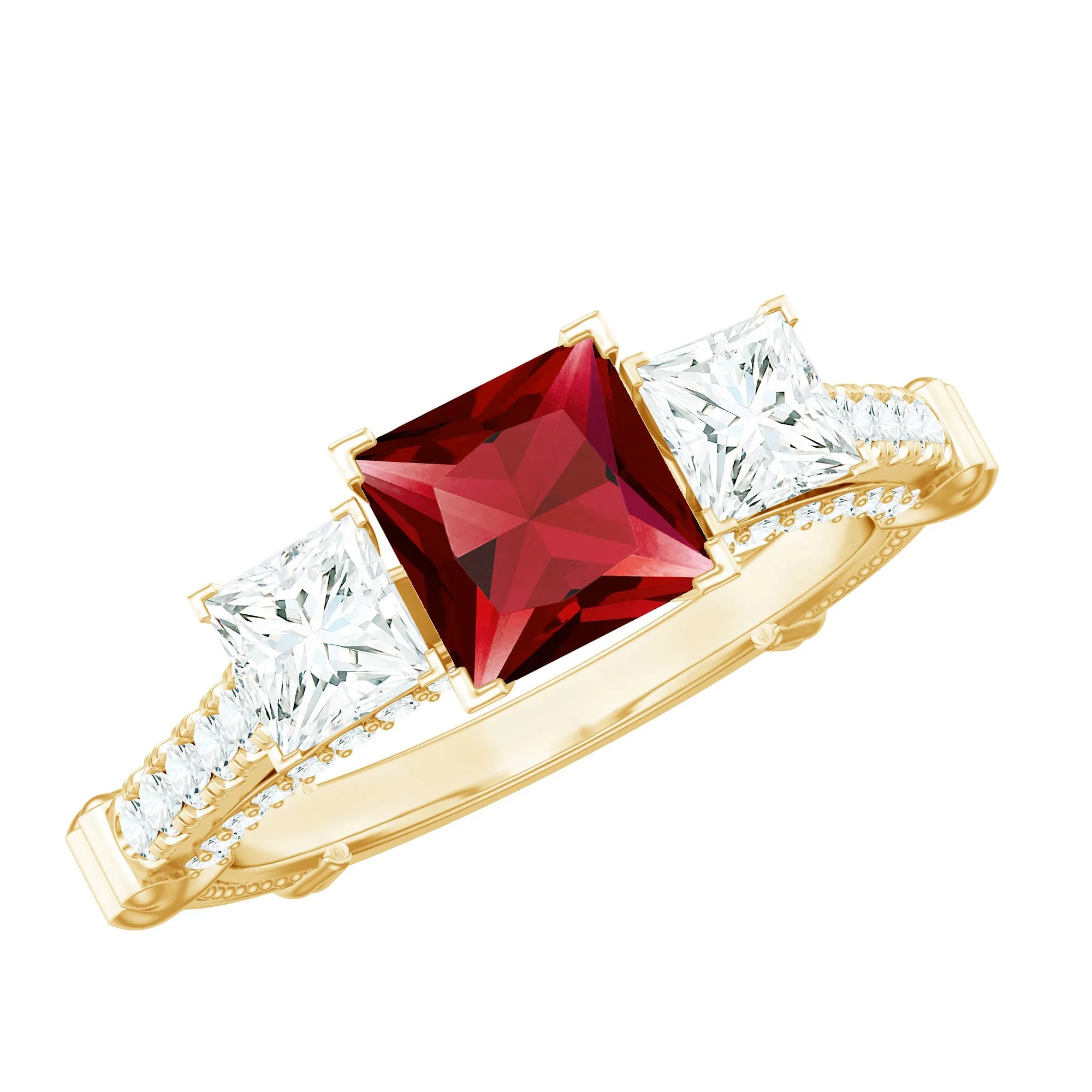 Princess Cut Created Ruby and Moissanite 3 Stone Designer Engagement Ring