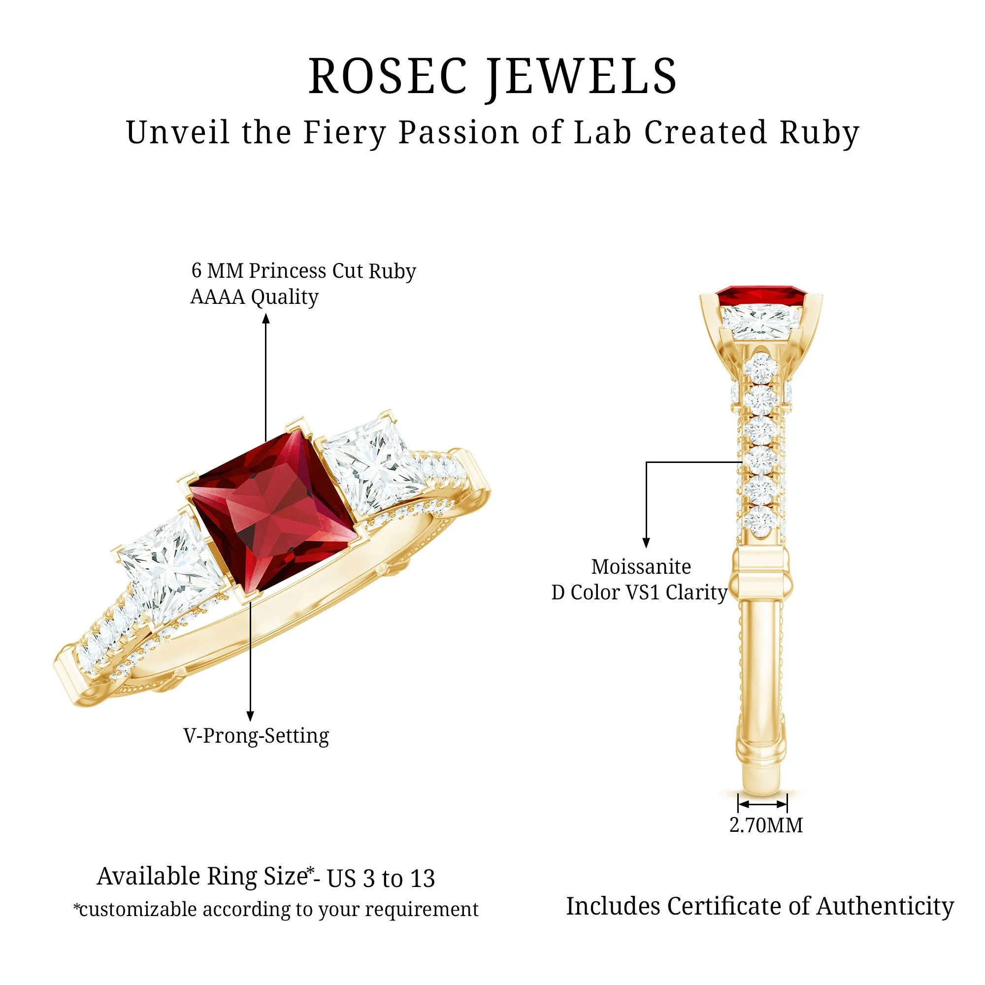 Princess Cut Created Ruby and Moissanite 3 Stone Designer Engagement Ring