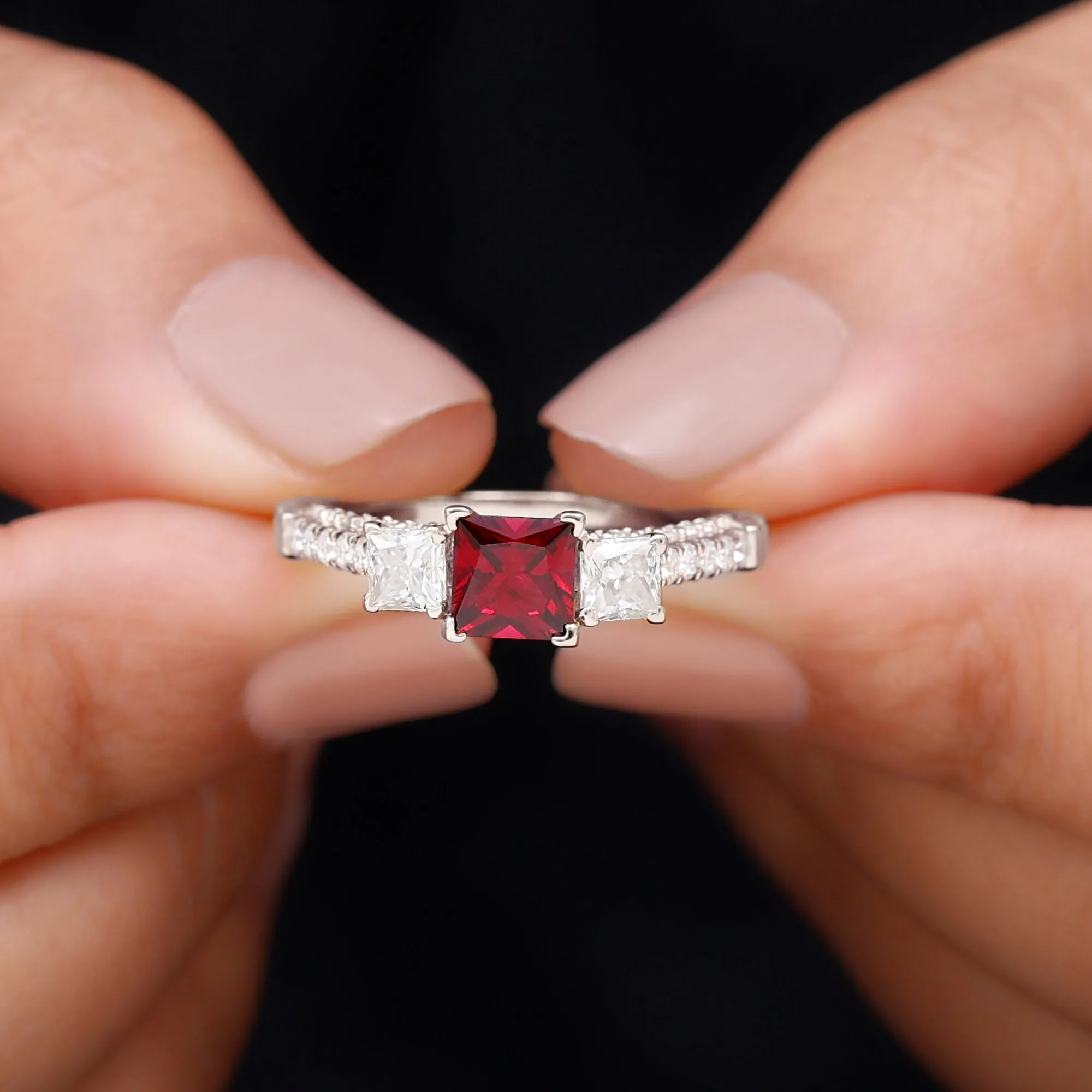 Princess Cut Created Ruby and Moissanite 3 Stone Designer Engagement Ring
