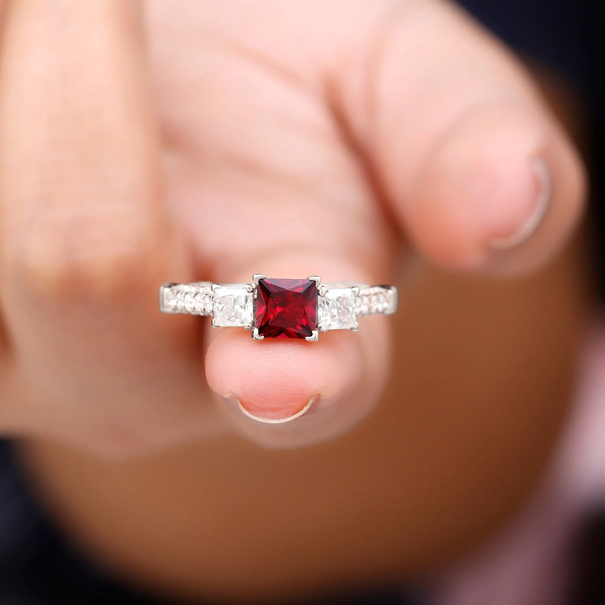 Princess Cut Created Ruby and Moissanite 3 Stone Designer Engagement Ring