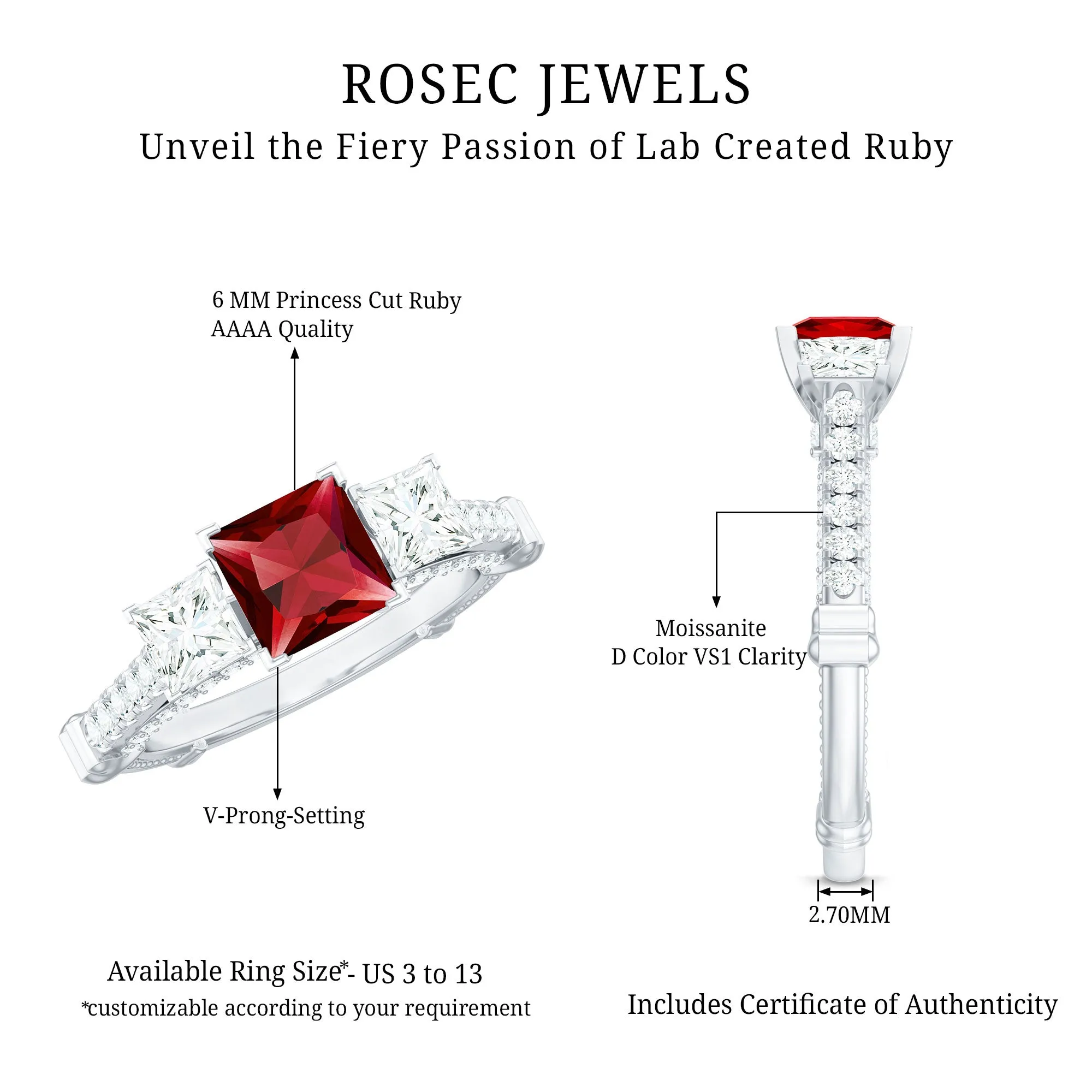 Princess Cut Created Ruby and Moissanite 3 Stone Designer Engagement Ring