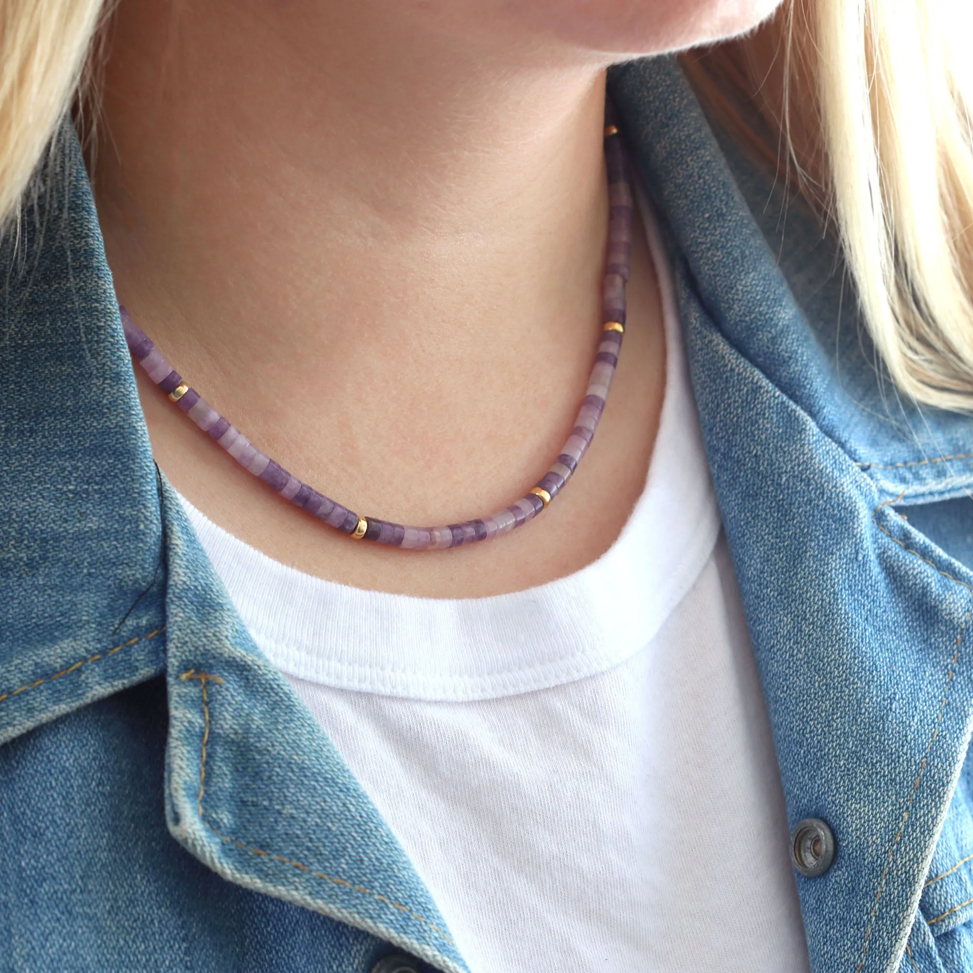 Purple Amethyst Heishi Beaded Necklace