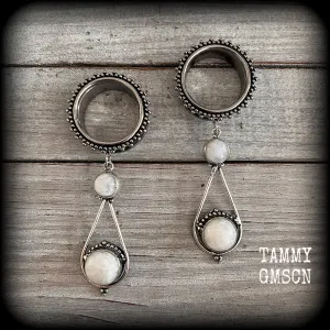 Rainbow moonstone tunnel earrings-Gemstone tunnel dangles