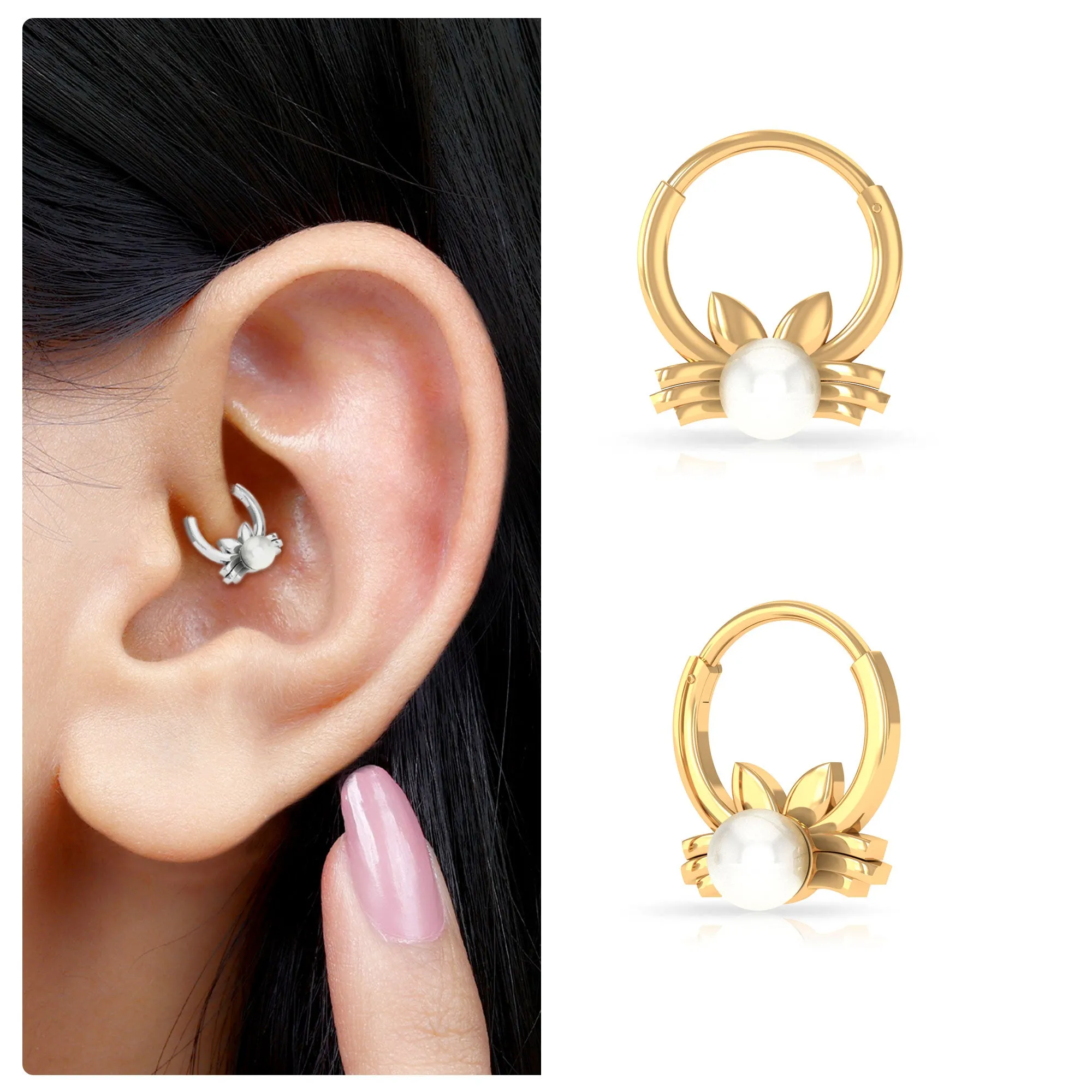 Real Freshwater Pearl Cat Daith Hoop Earring in Gold
