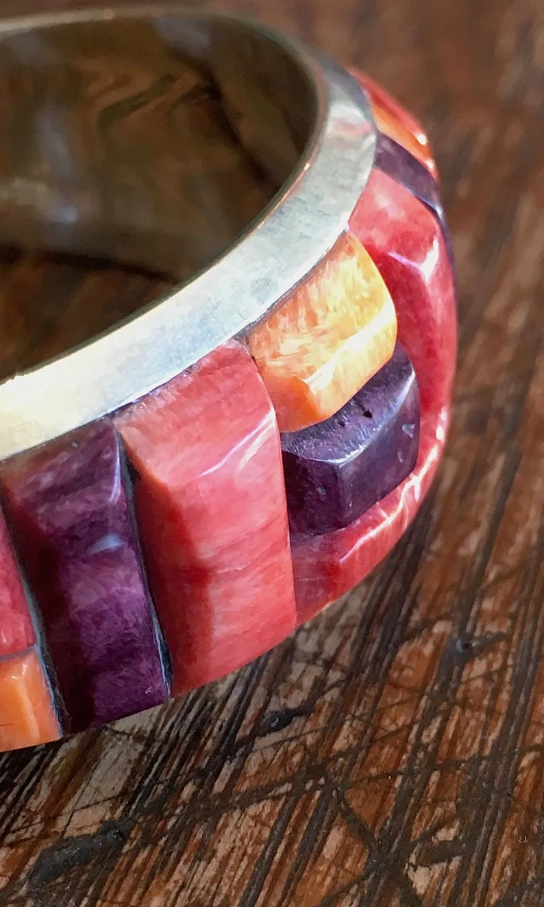 RGB Orange and Purple Spiny Oyster Silver Zuni Cuff
