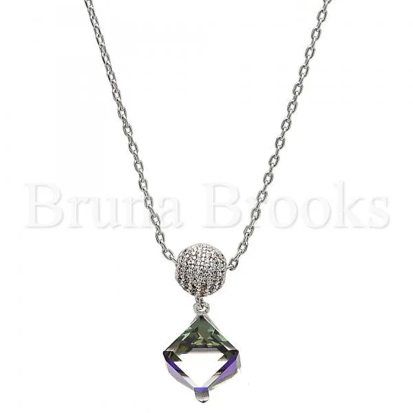 Rhodium Plated Fancy Necklace, Box Design, with Swarovski Crystals and Micro Pave, Rhodium Tone