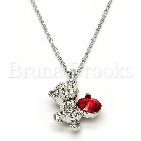 Rhodium Plated Fancy Necklace, Teddy Bear Design, with Swarovski Crystals, Rhodium Tone