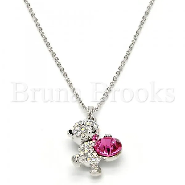 Rhodium Plated Fancy Necklace, Teddy Bear Design, with Swarovski Crystals, Rhodium Tone
