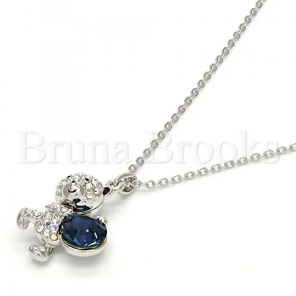 Rhodium Plated Fancy Necklace, Teddy Bear Design, with Swarovski Crystals, Rhodium Tone