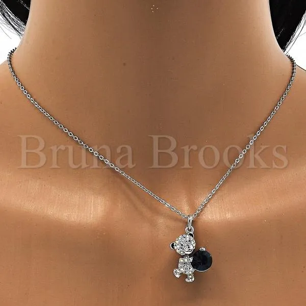 Rhodium Plated Fancy Necklace, Teddy Bear Design, with Swarovski Crystals, Rhodium Tone