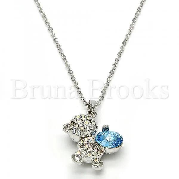 Rhodium Plated Fancy Necklace, Teddy Bear Design, with Swarovski Crystals, Rhodium Tone