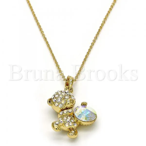 Rhodium Plated Fancy Necklace, Teddy Bear Design, with Swarovski Crystals, Rhodium Tone