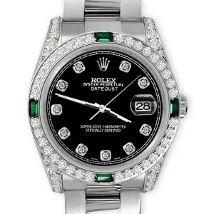 Rolex Datejust 36mm Steel Watch Diamond &amp; Emerald Bezel/Lugs/Black Diamond Dial TFJ-142508493