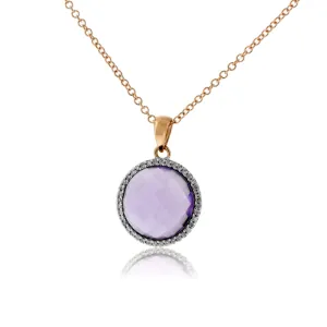 Round Amethyst & Diamond Halo Pendant w/Chain