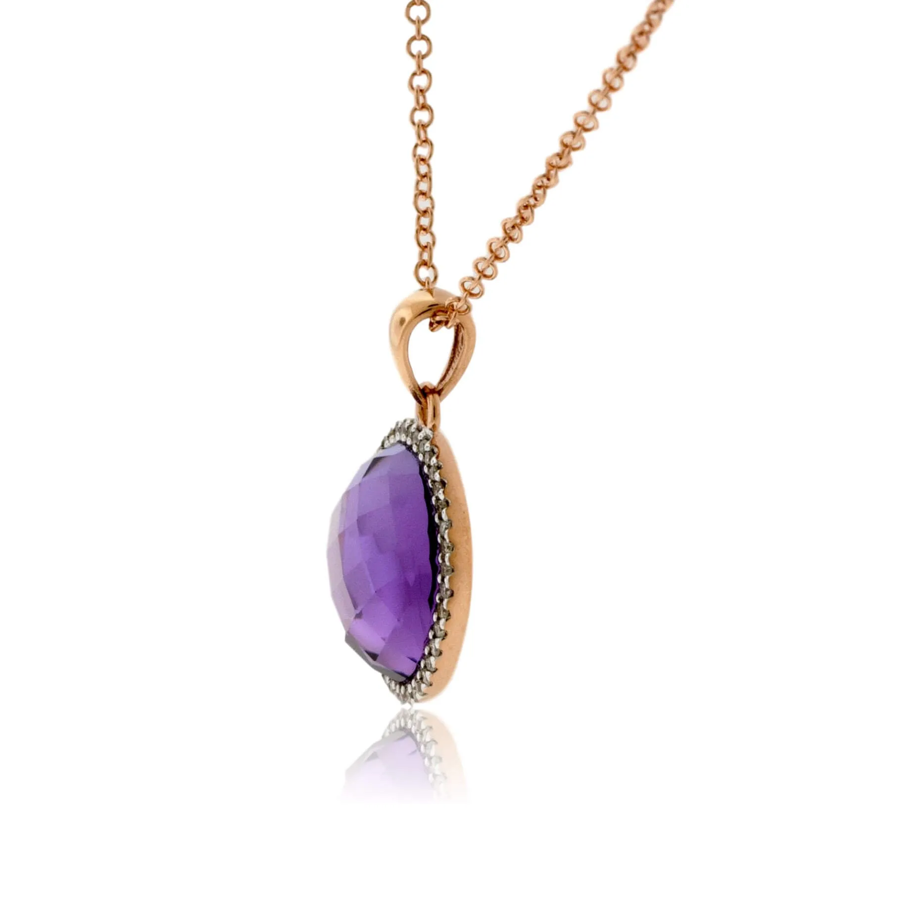 Round Amethyst & Diamond Halo Pendant w/Chain