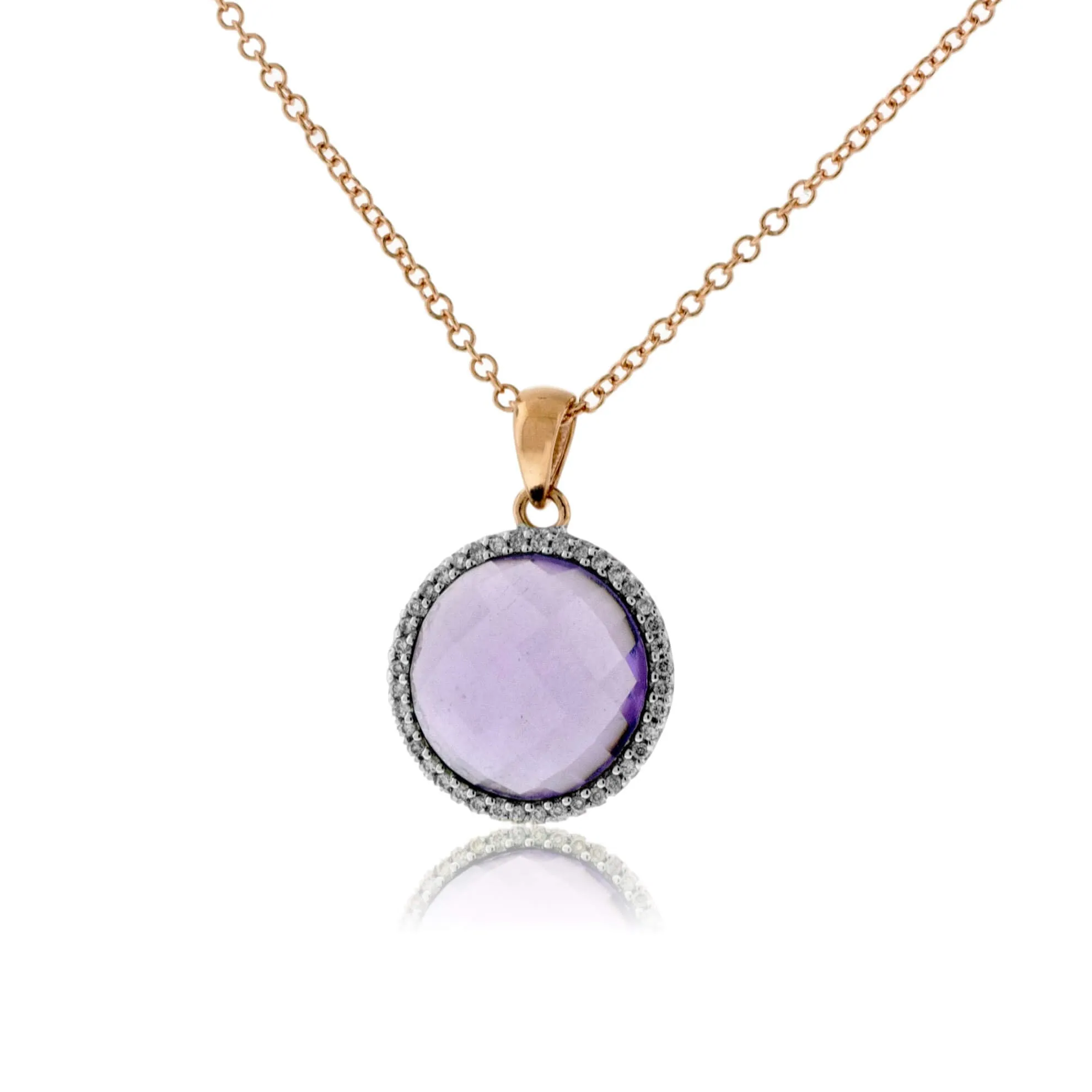 Round Amethyst & Diamond Halo Pendant w/Chain