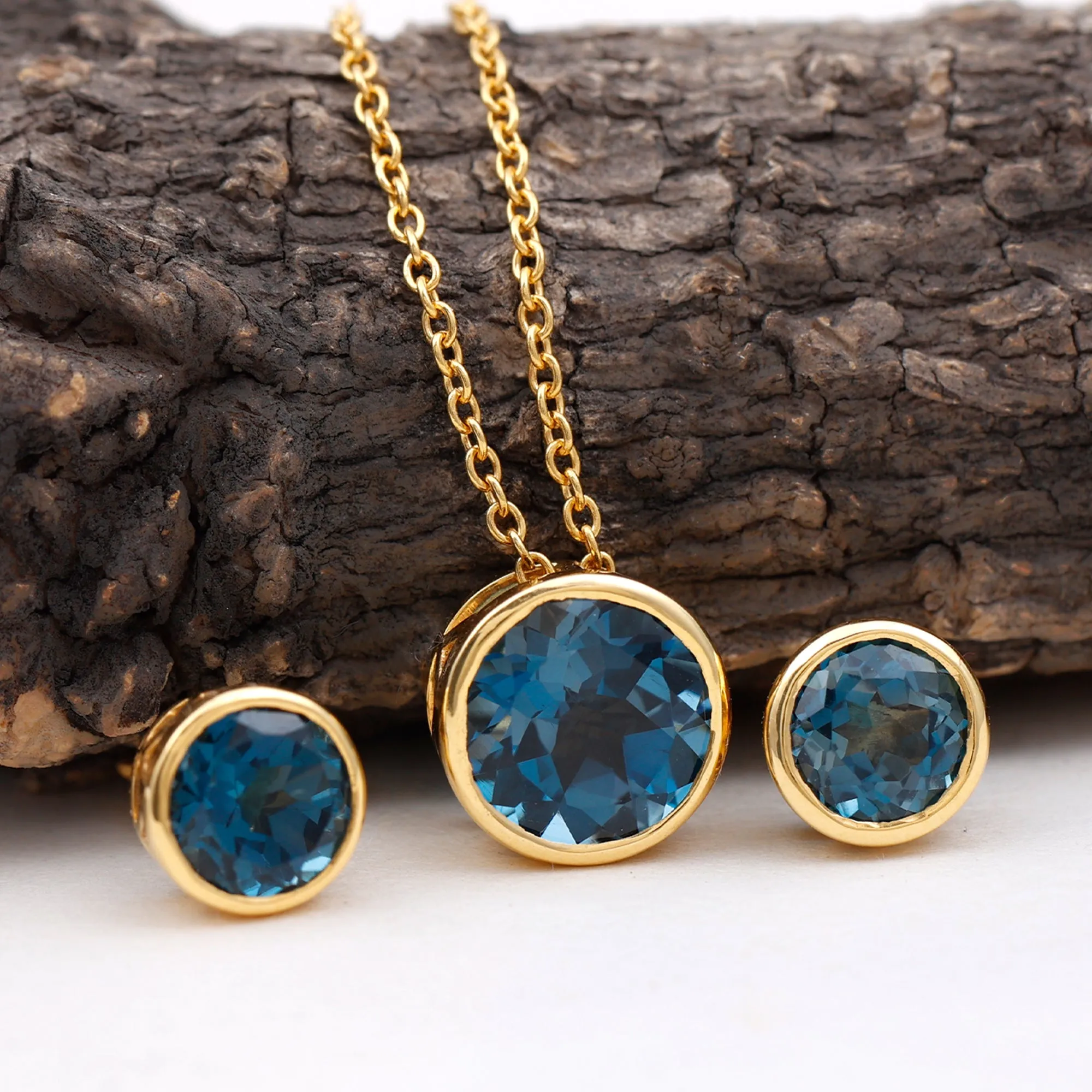 Round Cut London Blue Topaz Solitaire Jewelry Set in Bezel Setting