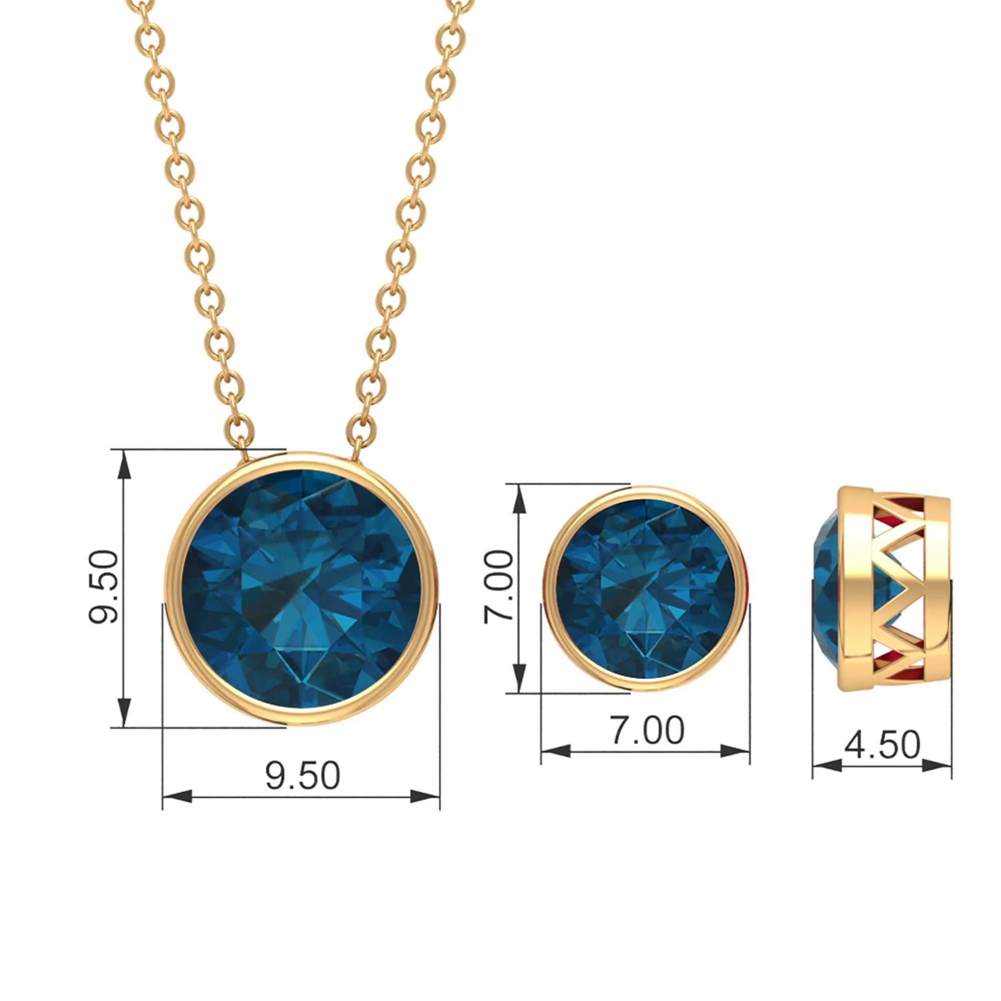 Round Cut London Blue Topaz Solitaire Jewelry Set in Bezel Setting