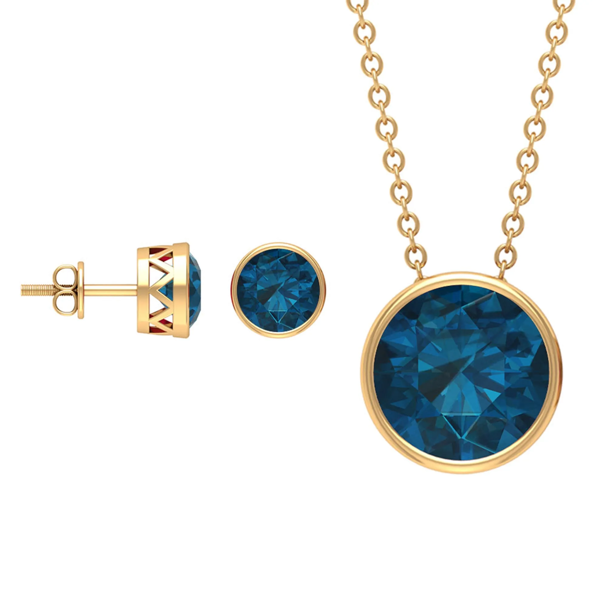 Round Cut London Blue Topaz Solitaire Jewelry Set in Bezel Setting