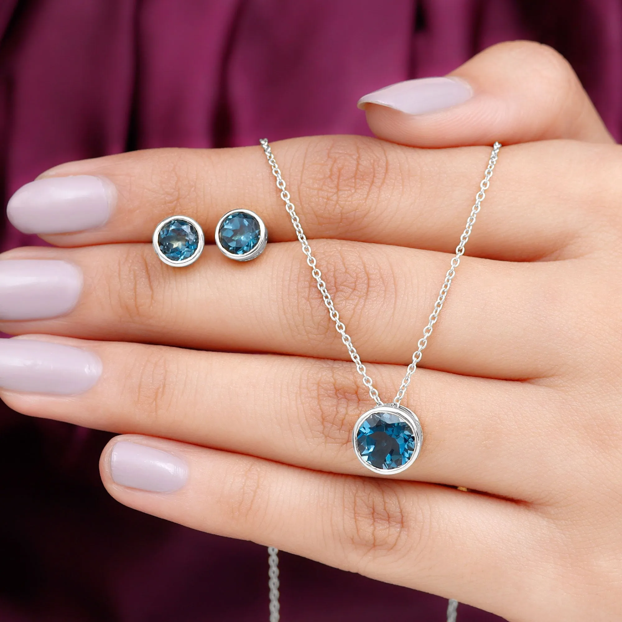 Round Cut London Blue Topaz Solitaire Jewelry Set in Bezel Setting