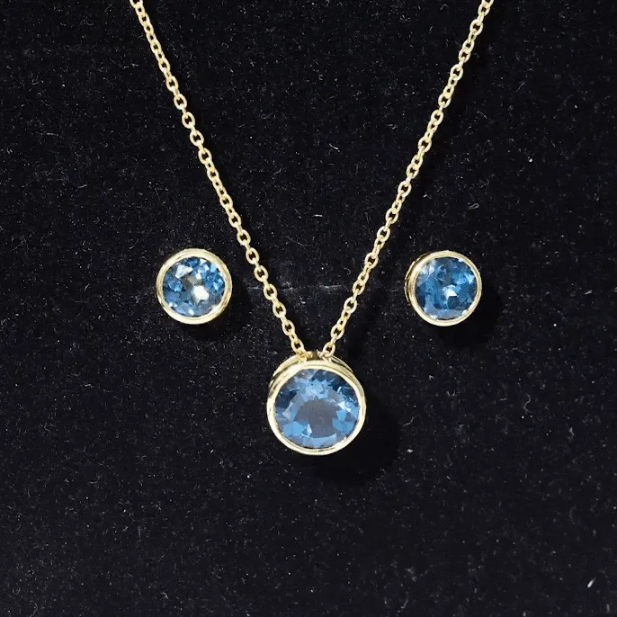 Round Cut London Blue Topaz Solitaire Jewelry Set in Bezel Setting