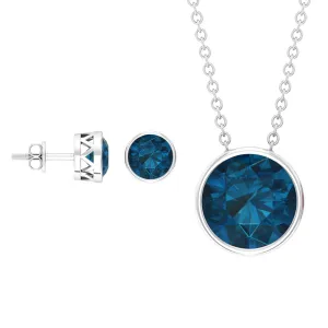 Round Cut London Blue Topaz Solitaire Jewelry Set in Bezel Setting