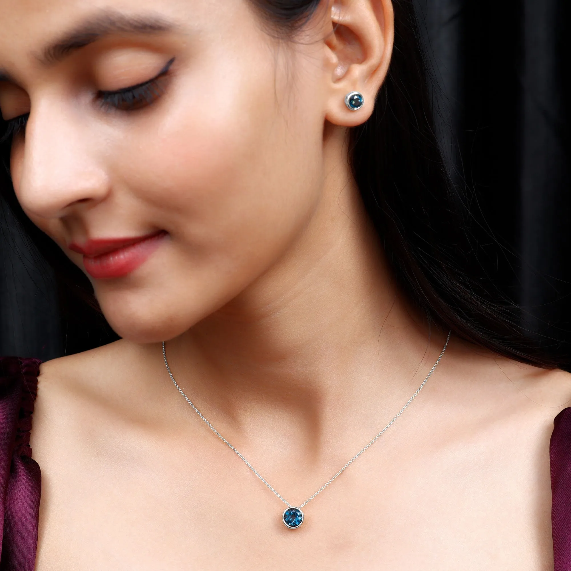 Round Cut London Blue Topaz Solitaire Jewelry Set in Bezel Setting