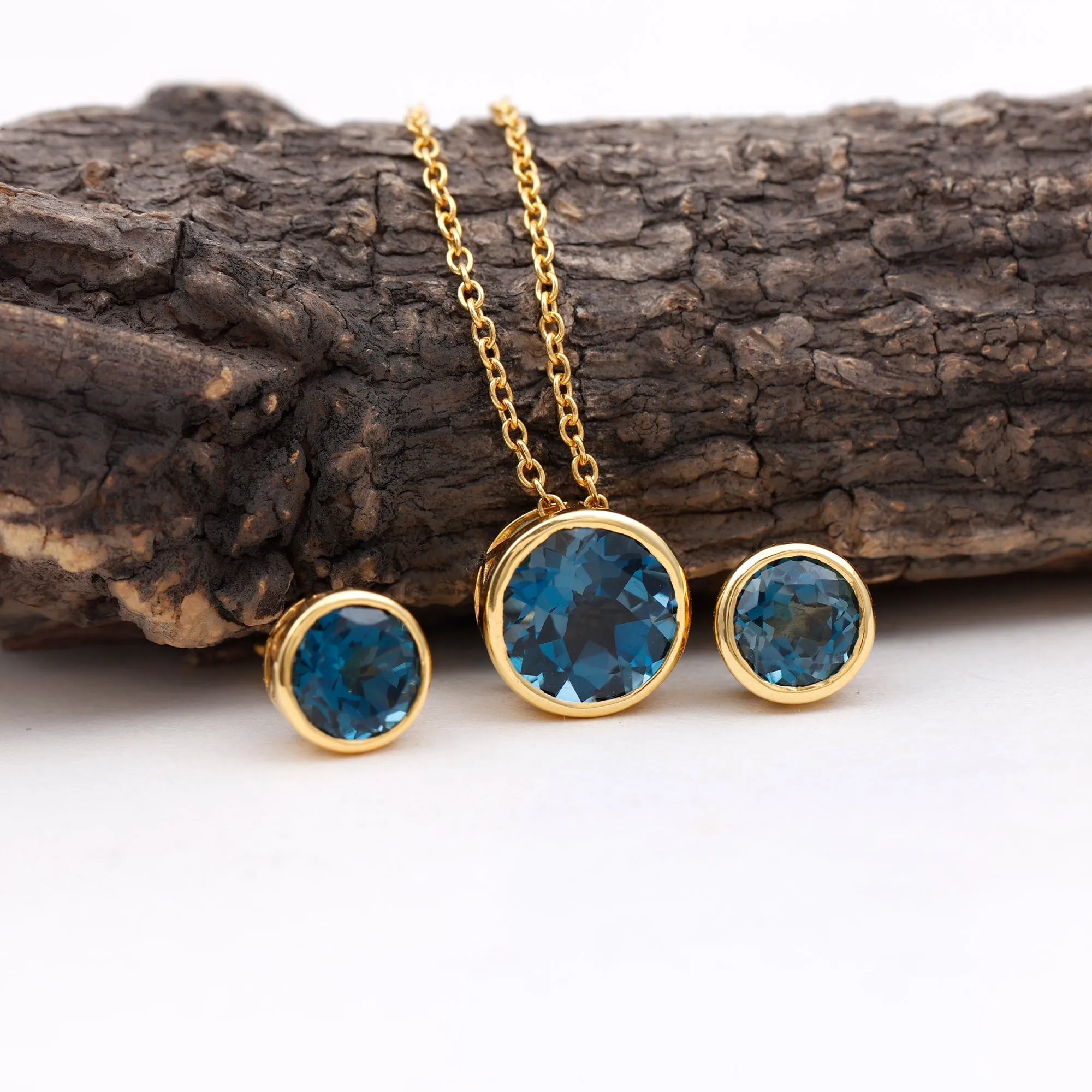 Round Cut London Blue Topaz Solitaire Jewelry Set in Bezel Setting
