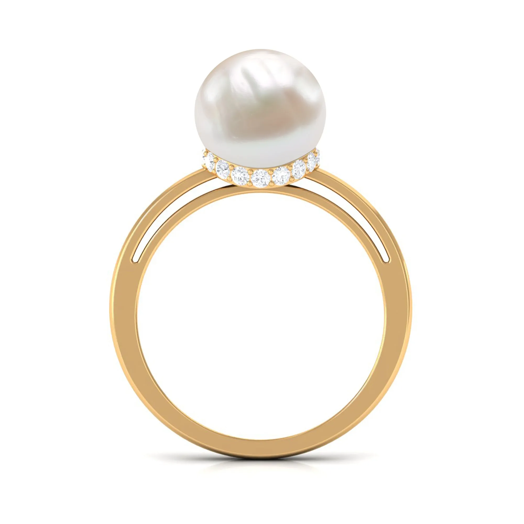 Round Freshwater Pearl Solitaire Ring with Diamond Hidden Halo