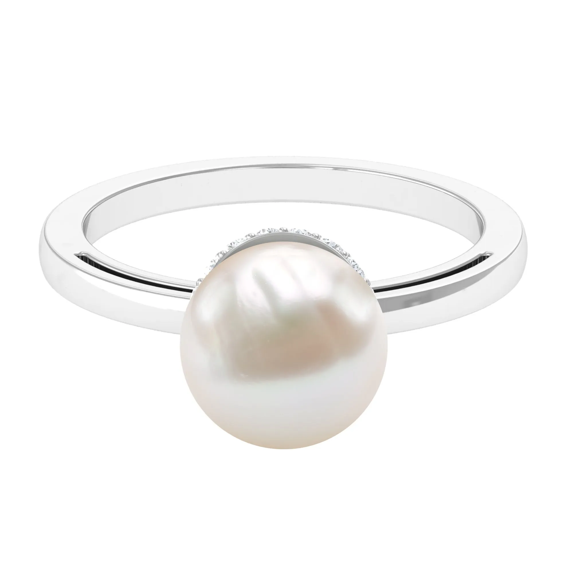 Round Freshwater Pearl Solitaire Ring with Diamond Hidden Halo